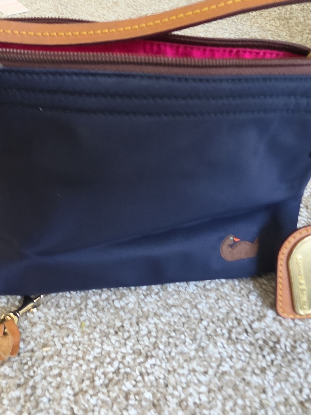 Dooney & Bourke Navy Crossbody with Tan Trim and Hot Pink Lining